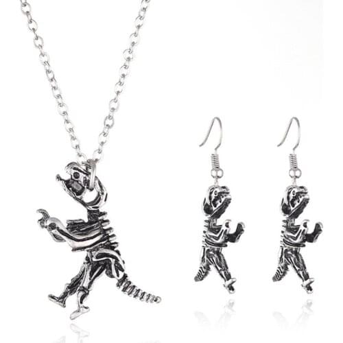 FYJS Unique Antique Alloy Dinosaur Skeleton Pendant Dangle Earrings Punk Style Jewelry Sets for Halloween Gift