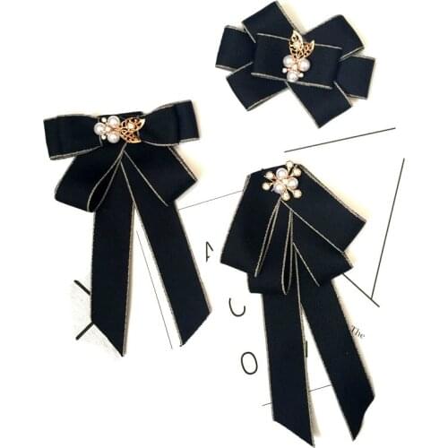 British Bow Tie Womens College Style School Uniform Business Wear Shirt Accessories Handmade Rhinestone Pearl Pin Bowtie