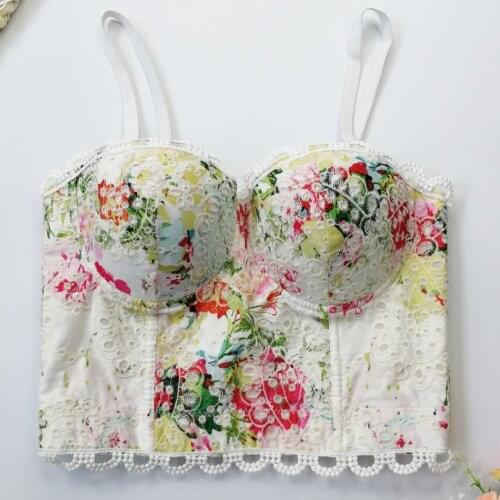 Cotton Printing Embroidered Camisole Sweet Lady Backless Tube Top Slim Short Top Sexy Lace Hollow out Vest Tank Tops Bustier Bra
