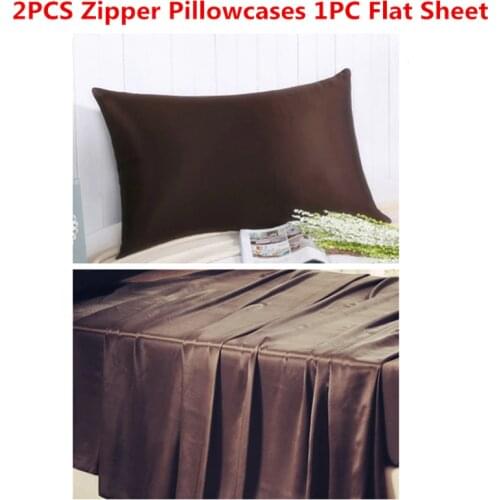 100% Mulberry Silk bedding Set 3PCS 19mm Seamless Silk Flat Sheet & Zipper Pillowcase Plain Dyed Silk Sheet Pillowcase Sets