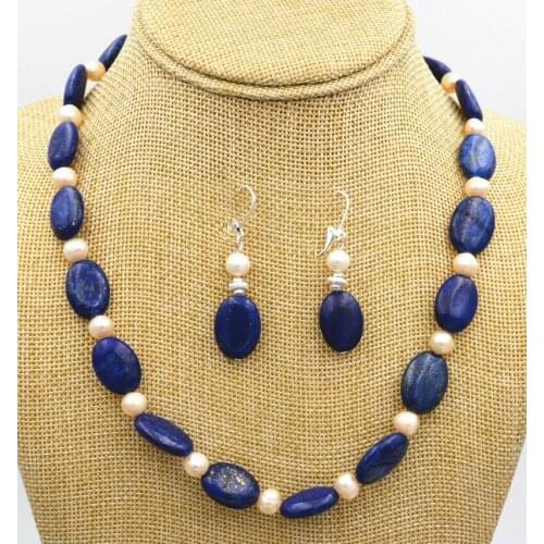 Beautiful Freshwater White pearl blue lapis lazuli Silver necklace Earrings