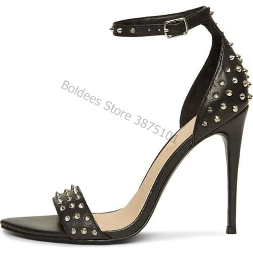 Summer Roman High Heels Rivets Beaded Fine Heels Open Toe Ankle Strap Sexy Style Retro Sandals Black Dress Office Summer Shoes