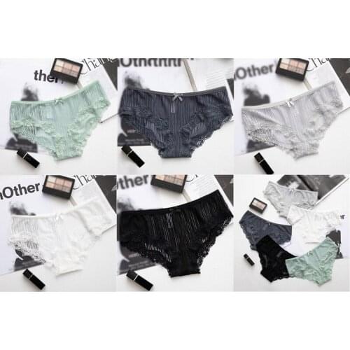 Hot kf-Sexy Ladies Underwear Cotton Transparent Mesh Striped Breathable Panties Low Waist Panties