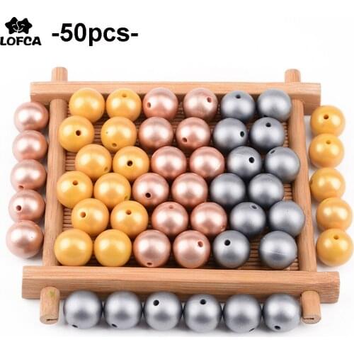 LOFCA 50pcs 12mm/15mm/19mm Metallic Silver Print Golden Round Beads Silicone Teething Beads BPA Free Baby For Necklace DIY