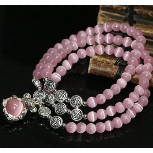Fashion unique design hot sale high grade pink cat eyes opal 6mm round beads multilayer elastic bracelets women jewelry B2250