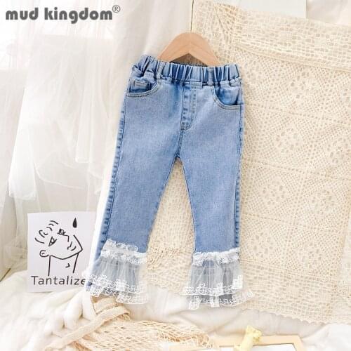Mudkingdom Little Girls Jeans Lace Patchwork Elastic Waist Pockets Solid Thin Pants for Toddler Spring Autumn Kids Trousers