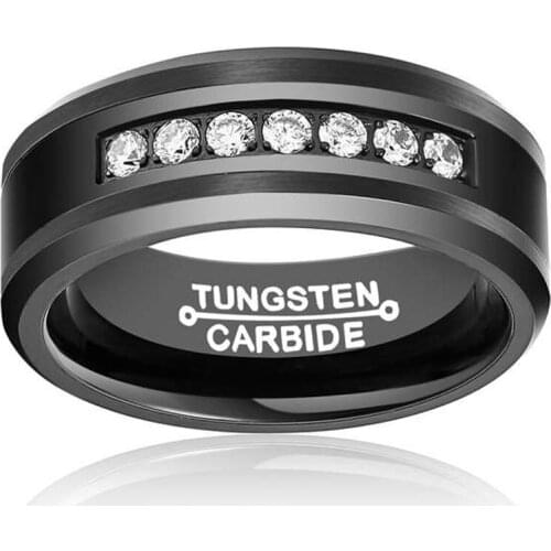 New Fashion 8mm Black Tones Mens Tungsten Carbide Rings Inlay White Cubic Zirconia CZ Stones for Wedding Band Size 7-13