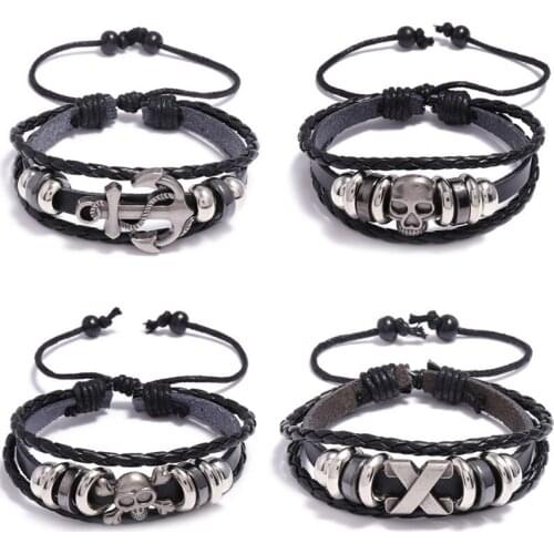 Mens Bracelet Beaded Leather Alloy Skull Bracelet Anchor Rope Fashion Retro Black Braided Wrap Bracelets for Men Bandages Jewel