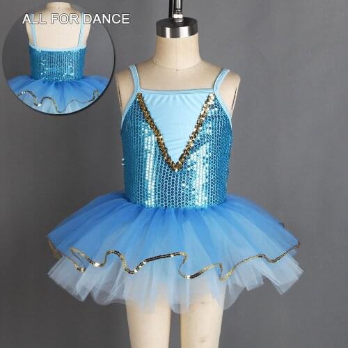 New Lake Blue Sequin Bodice With Gold Sequin Trim Kids Ballet Dance Tutus For Girls' Stage Performance Dance Costume