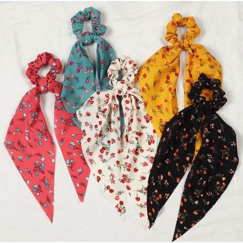 1PC Floral Print Scrunchies Long Ribbon Scarf Hair Tie Knotted Bow Hair Rope Ring Elastic Hair Bands Ponytail Hair Accessories