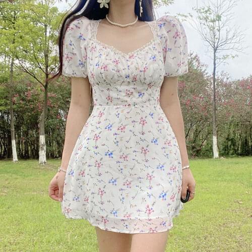 Sexy Sweet French Floral Print Chiffon Dress Summer Hollow Puff Sleeve Dresses Beach Holiday A-line Mini Dress