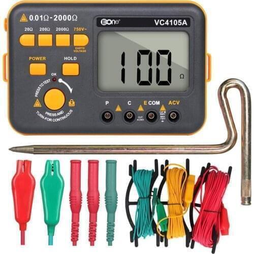 VC4105A Earth Resistance Tester Ground Resistance Meter Digital Megohmmeter 20/200/2000Ω 750V Voltage Measurement LCD Display