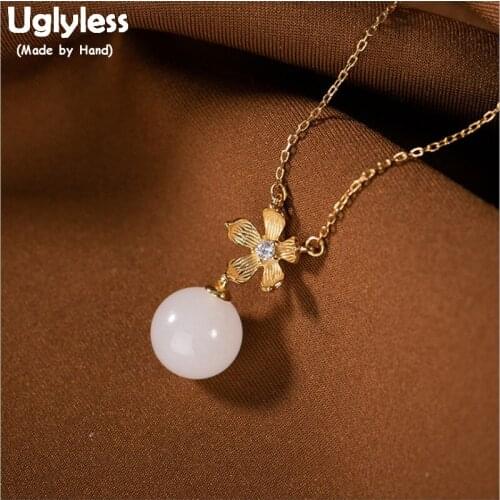 Uglyless Handmade Floral Jewelry Sets for Women Real 925 Silver Flower Rings + Necklace + Chains Natural Jade Ball Bijoux P1099