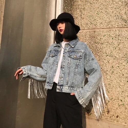 Women Light Blue Denim Jacket Female Sequins Tassel Coat 2021 New Single-Breasted Jeans Coat Spring Autumn Fashion New Clothing