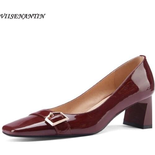 Wine red high heels womens thick heel spring new style 2021 square toe belt buckle patent leather mid-heel shoes