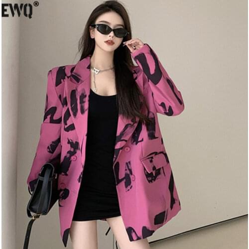 [EWQ] Korea Chic Temperament Rose Red Blazer Women Autumn 2021 New Notched Loose Double Breasted Split Long Sleeve Suit Jacket