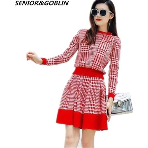 2019 Spring Houndstooth Sweater Skirts Suit Women 2 Piece Set Long Sleeve O Neck Button Knitted Skirt Sets Crop Top+A Line Skirt