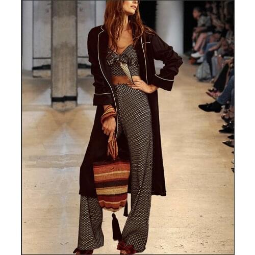 See Orange Vintage Romance Lady Dot Print Long Trench & Pants Suits 2018 Sexy Spring Women 3 Piece Set