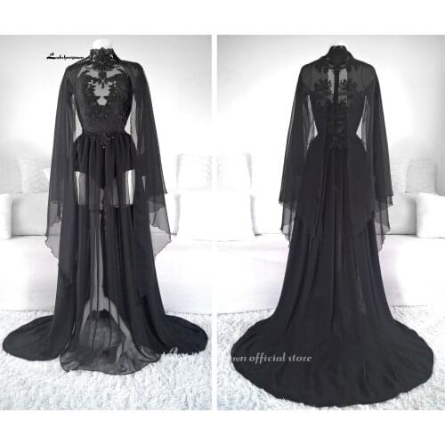 Sexy Black Chiffon Gothic Wedding Dress Lace appliques Beach Bohemian Bridal Gown Plus Size Country Bridal Gowns 2021