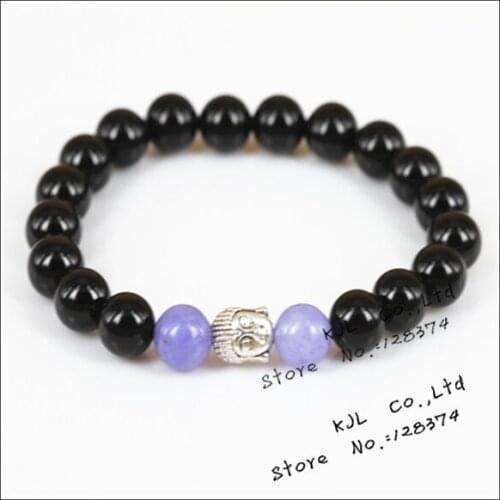 1pcs 2017 new fashion rope chain black/purple stone bracelet natural beads bracelet with silver color buddha head for female