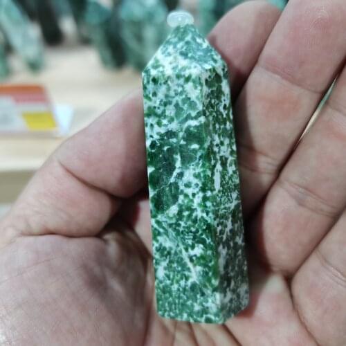 1PC natural green spotted stone hexagon streak mineral Crystal point mineral nordic shelf home decoracion hogar moderno DIY gift