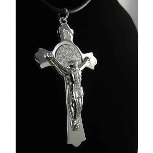 12pcs of Sliver St. Benedict Crucifix Cross with Leather Necklace,Scripture and PVC Pouch