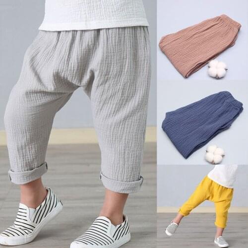 Cotton and Linen Pants for Kids 2021 Summer Bottom Elastic Waist Straight Pants Boys Ankle-Length Pants Childrens Clothing