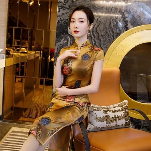 Improved Silk Cheongsam Mid-Length Slim Daily Young Girl Retro Chinese Style Dress Summer Beautiful Long Qipao Chinese Clothing