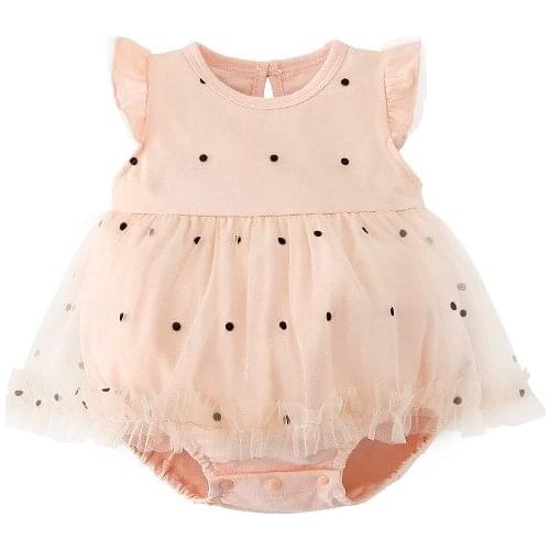 Newborn baby romper girls bag fart jumpsuit summer female flying sleeve mesh gauze wave point stitching princess dress
