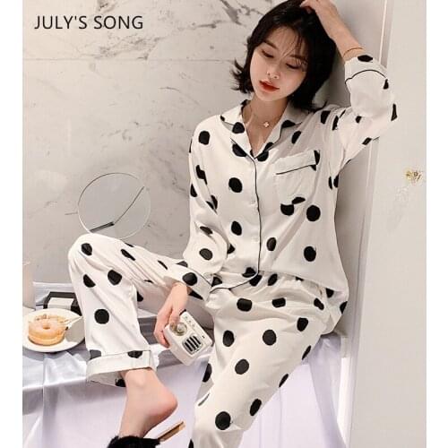 JULYS SONG Polka Dot Woman Pajamas Set Spring Ice Silk 2 Pieces Autumn Sleepwear Print Casual Stain Lapel Trousers Homewear