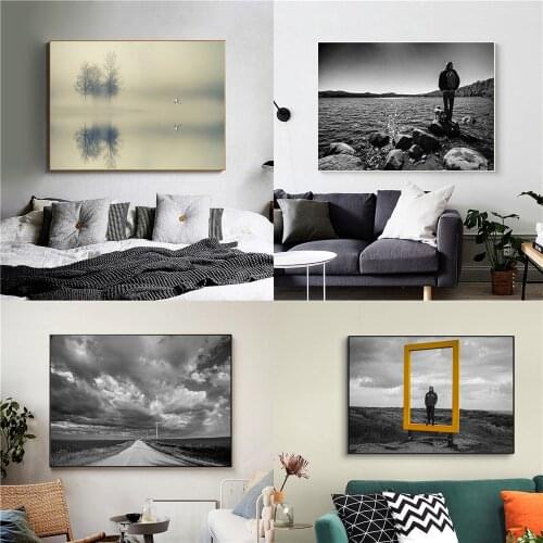 Road Mountain Peak Man and Dog Seaside Landscape Drawing Man In Yellow Picture Frame Black and White Art Retro Poster Decoration