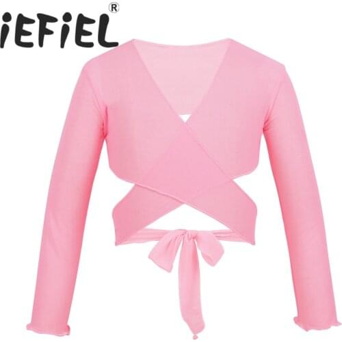 Little Girls' Classic Ballet Long Sleeve Wrap Mesh Ballet Costume Wrap Top with Adjustable Tie Closure for Stage Performance