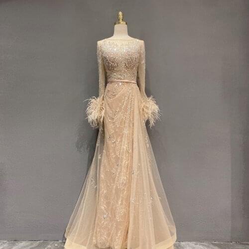 Couture 2020 Collection Gray Muslim Rhinestones Evening Dresses High Neck Dubai Long Sleeve Gown For Women Party