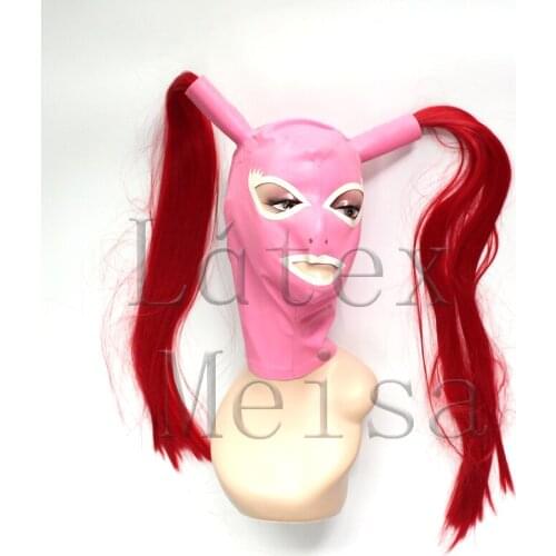 Handmade Fetish latex hoods with wig hairs and open eyes and mouth in pink color for women