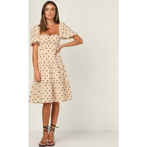 Midi Length Short Sleeve Polka Dot Print Dress Women Elegant Sexy Backless Bandage Streetwear Beach Casual Dresses