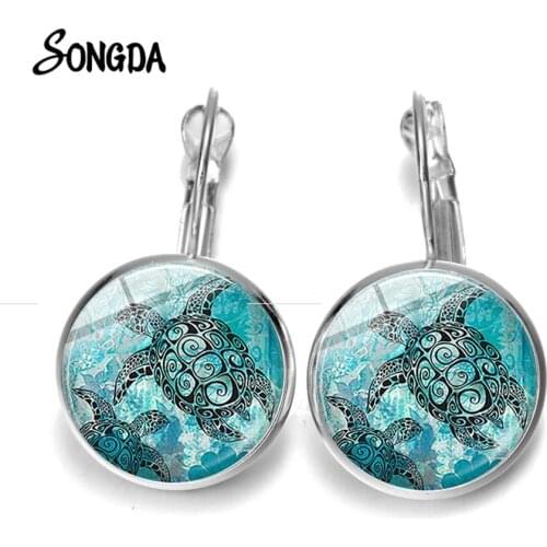 Sea Turtle French Hook Earrings Dolphin Starfish Picture Glass Cabochon Silver Plated Handcrafted Earring Trendy Souvenir