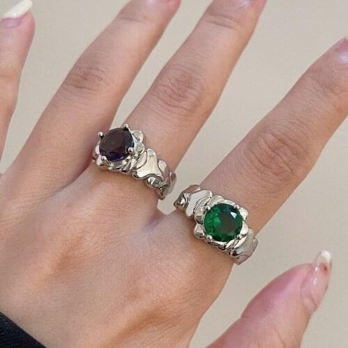 2021 New Kpop Retro Trend Geometric Silver Color Metal Purple Green Zircon Rings For Women Girls Aesthetic Wedding Party Jewelry