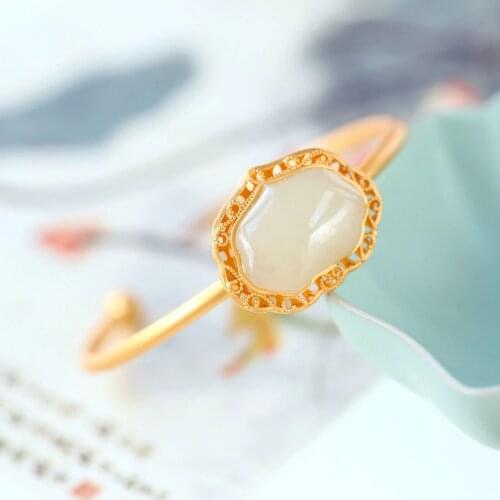 New ancient gold craftsmanship hollow design natural Hetian jade bracelet fashion personality ladies silver jewelry