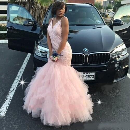 New African Pink Mermaid Prom Dresses for Black Girl 2020 Sexy V-neck Beaded Appliques Lace Long Backless Dresses Evening Wear