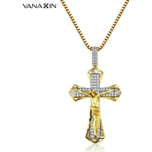 VANAXIN Gold Tone Cross Christ Jesus Pendant Necklace Men Jewelry Gift Vintage AAA Cubic Zirconia Stone Jewellery Brass Fashion