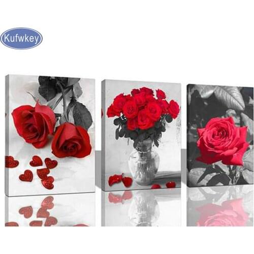 Full Square red rose Diamond Painting Cross Stitch 3 pcs 5D DIY Diamond Embroidery flower,picture of Rhinestone Mosaic dimaonds