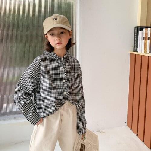 3-9 Y Toddler Girls Shirts 2021 Spring New Korean Cotton Girls Plaid Blouse Kids Clothing Baby Casual Loose Fashion Shirts Tops