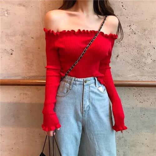 Spring autumn Slash neck long sleeve sweater women off shlouder pullover sweaters Korean knitted crop sweater pull femme G713