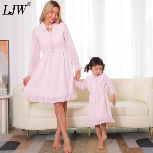 Ruffle skirt family matching clothes mother daughter waist tie dress ladies girl long-sleeved floral chiffon dress