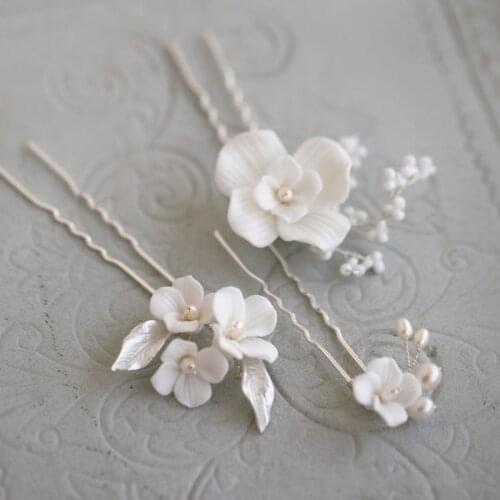 White Ceramic Flower Hair Pins Bridal Clips Pearls Wedding Jewelry Handmade Women Hair Piece Accessories