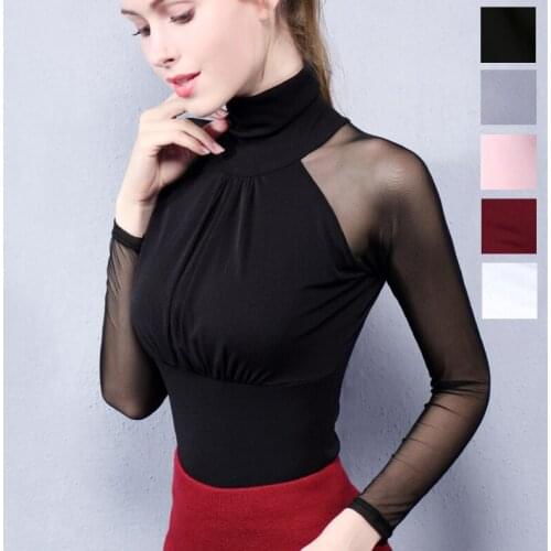 Lady Ballroom Dancing Blouse Long Sleeve Standard Collar Elastic Modern Dancers Shirt Girls Sexy Dancing Shirt Plus Size D-0679