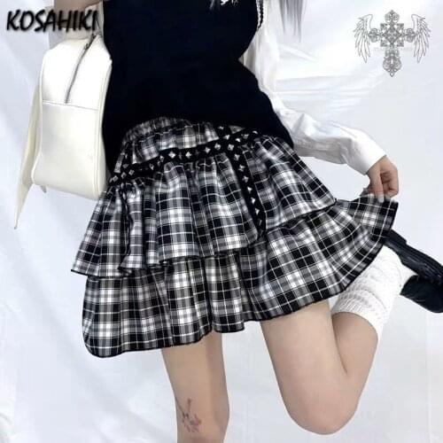 KOSAHIKI Harajuku Women Fashion Skirt Cute Plaid Mini Pleated Rivet Skirt Punk Style High Waist Female Kawaii Short Skirts 2021