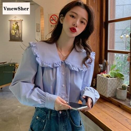 VmewSher New Spring Ruffles Peter Pan Collar Women Shirts Solid Single Breasted Female Puff Long Sleeve Sweet Blouse Plain Tops