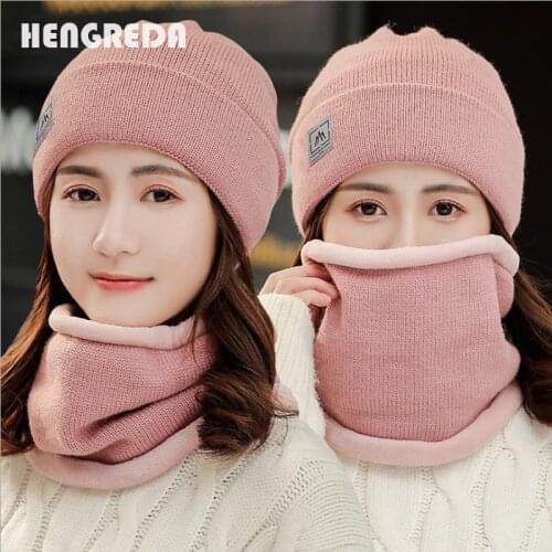 2021 Women Winter Hat Snow Cap with Neck Warmer Scarf Female Skullies Beanies Knitted Wool Thick Fleece Lined Bonnet Lady Girl