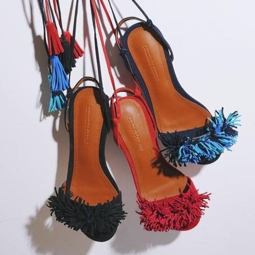 2017 new leather tassel straps lace up sandals summer Roman tassel tie chunky low heel lace up tassel sandal